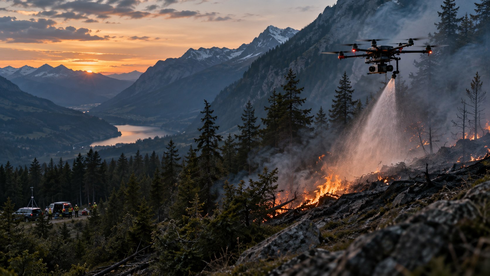 Löschdrohne über einem Waldbrand in einer alpinen Landschaft bei Abendlicht