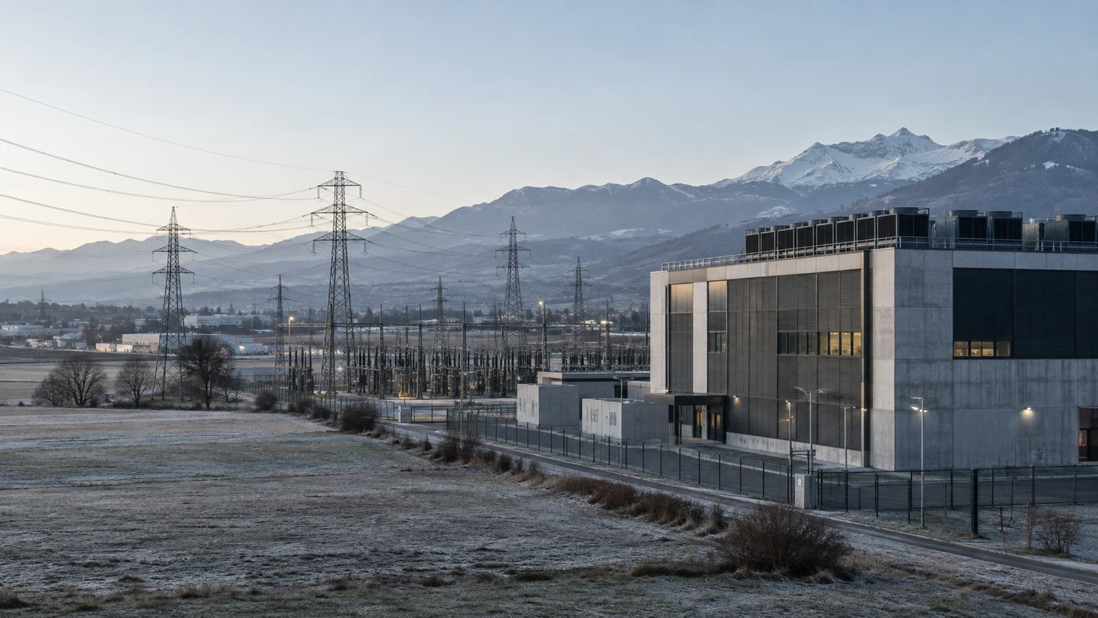Rechenzentrum neben einem Umspannwerk und Hochspannungsleitungen vor einer Schweizer Berglandschaft