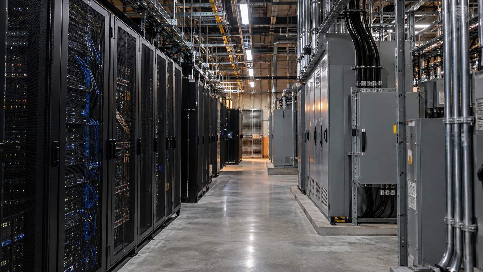 Fotorealistischer Gang durch ein Rechenzentrum mit Serverracks und elektrischer Infrastruktur.