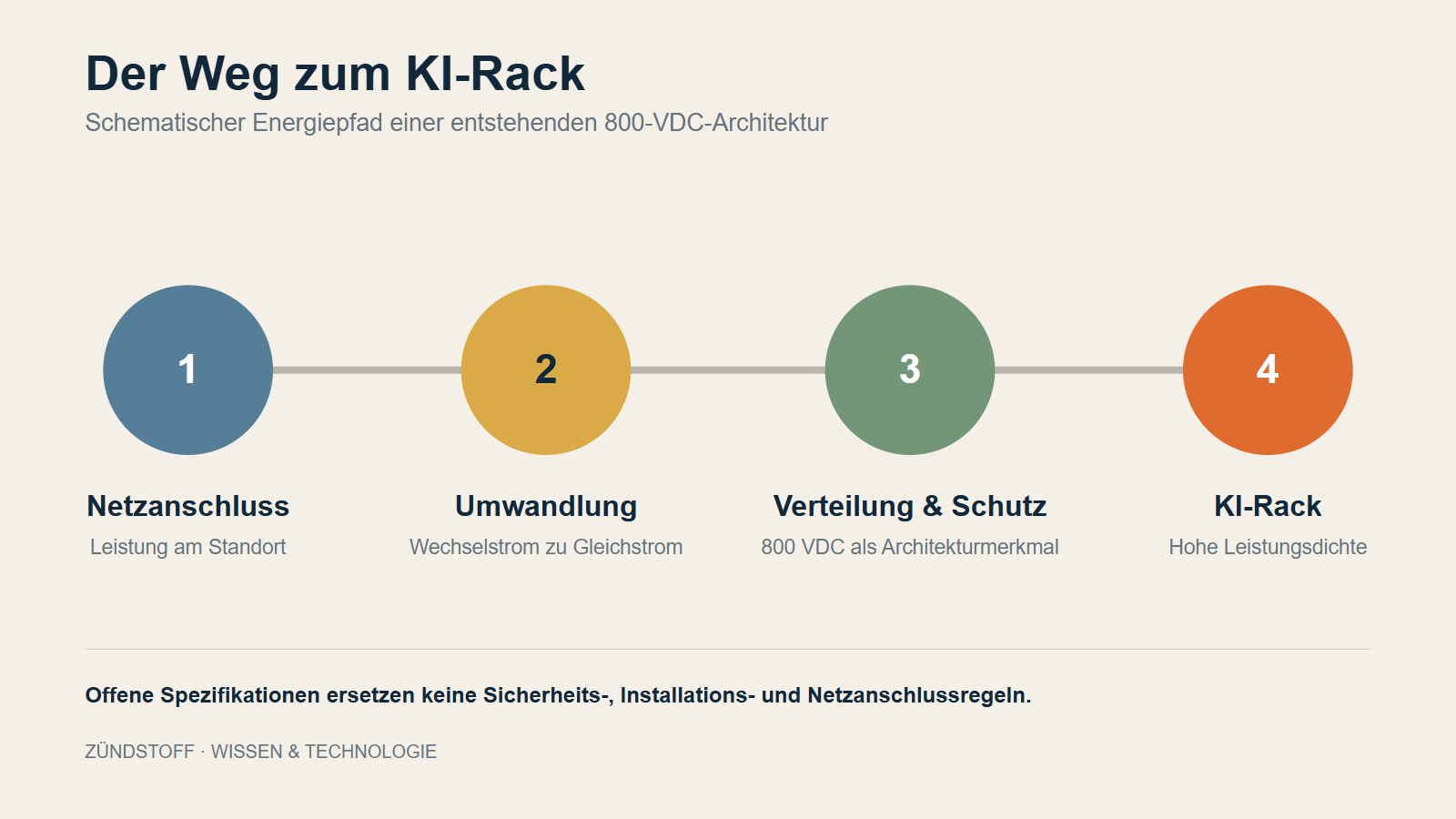 Schematischer Energiepfad vom Netzanschluss über Umwandlung und Verteilung bis zum KI-Rack.