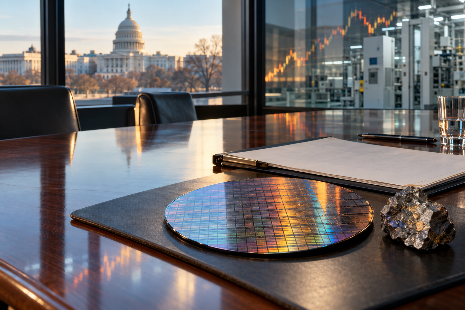 Siliziumwafer und Rohstoffprobe auf einem Verhandlungstisch vor Regierungsgebäude und moderner Fabrik.