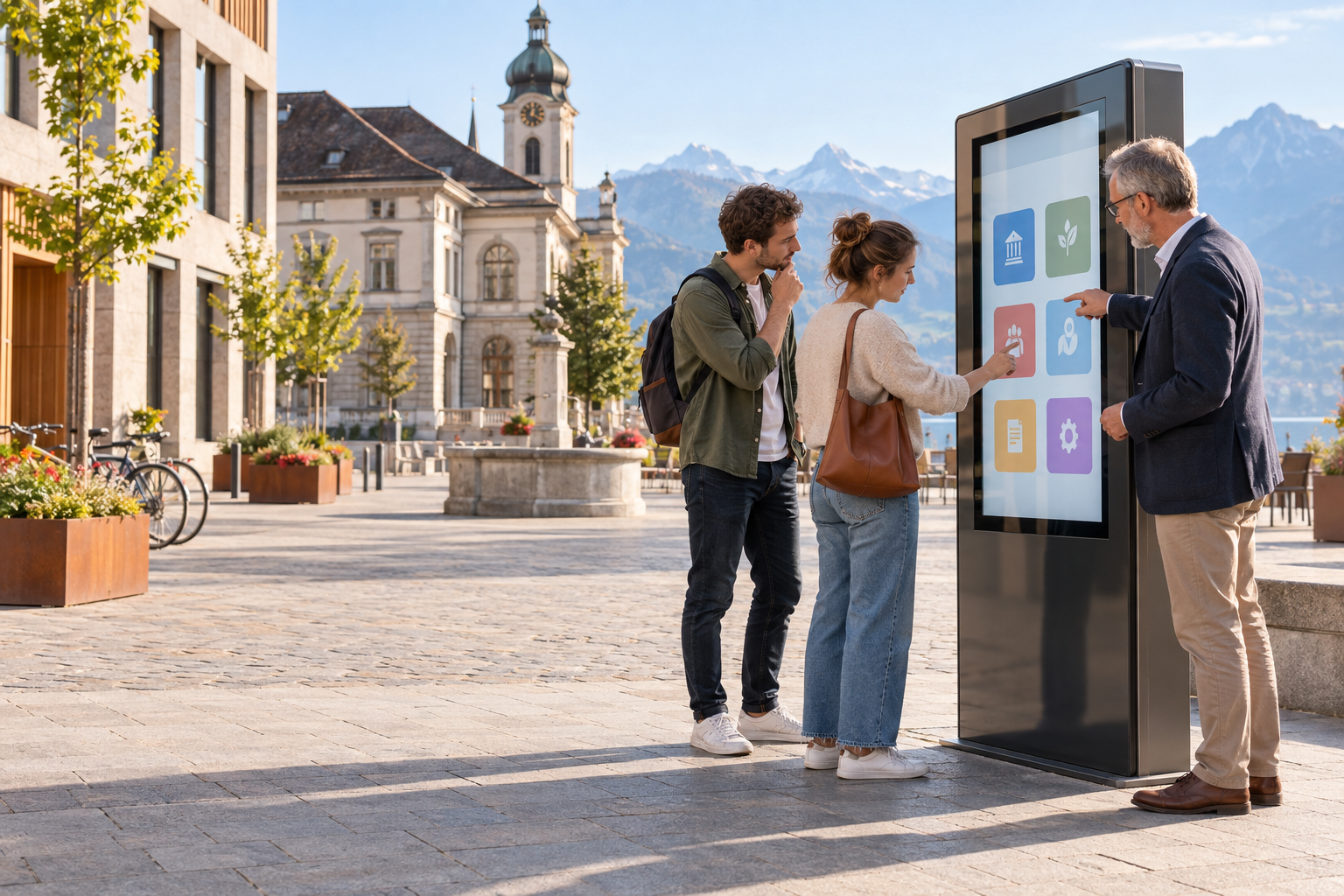 Drei Menschen nutzen auf einem Schweizer Stadtplatz gemeinsam ein öffentliches digitales Informationsterminal.