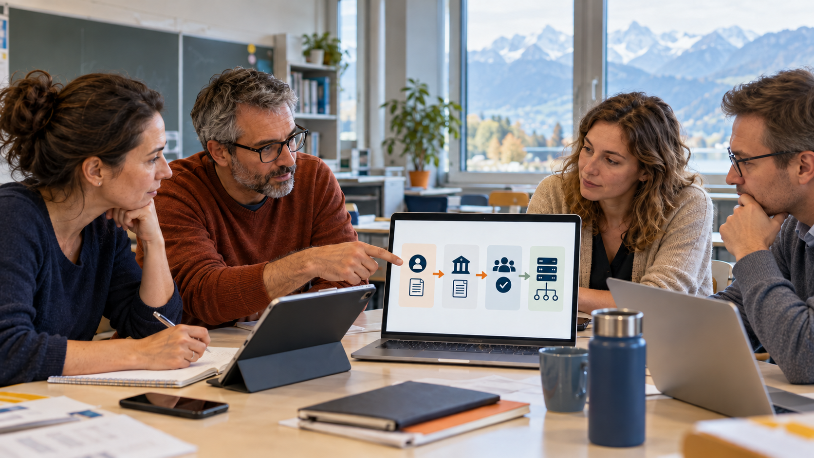 Vier Mitarbeiter einer Schule prüfen gemeinsam auf einem Laptop die Stufen vom persönlichen KI-Abonnement bis zur gemeinsamen Plattform.