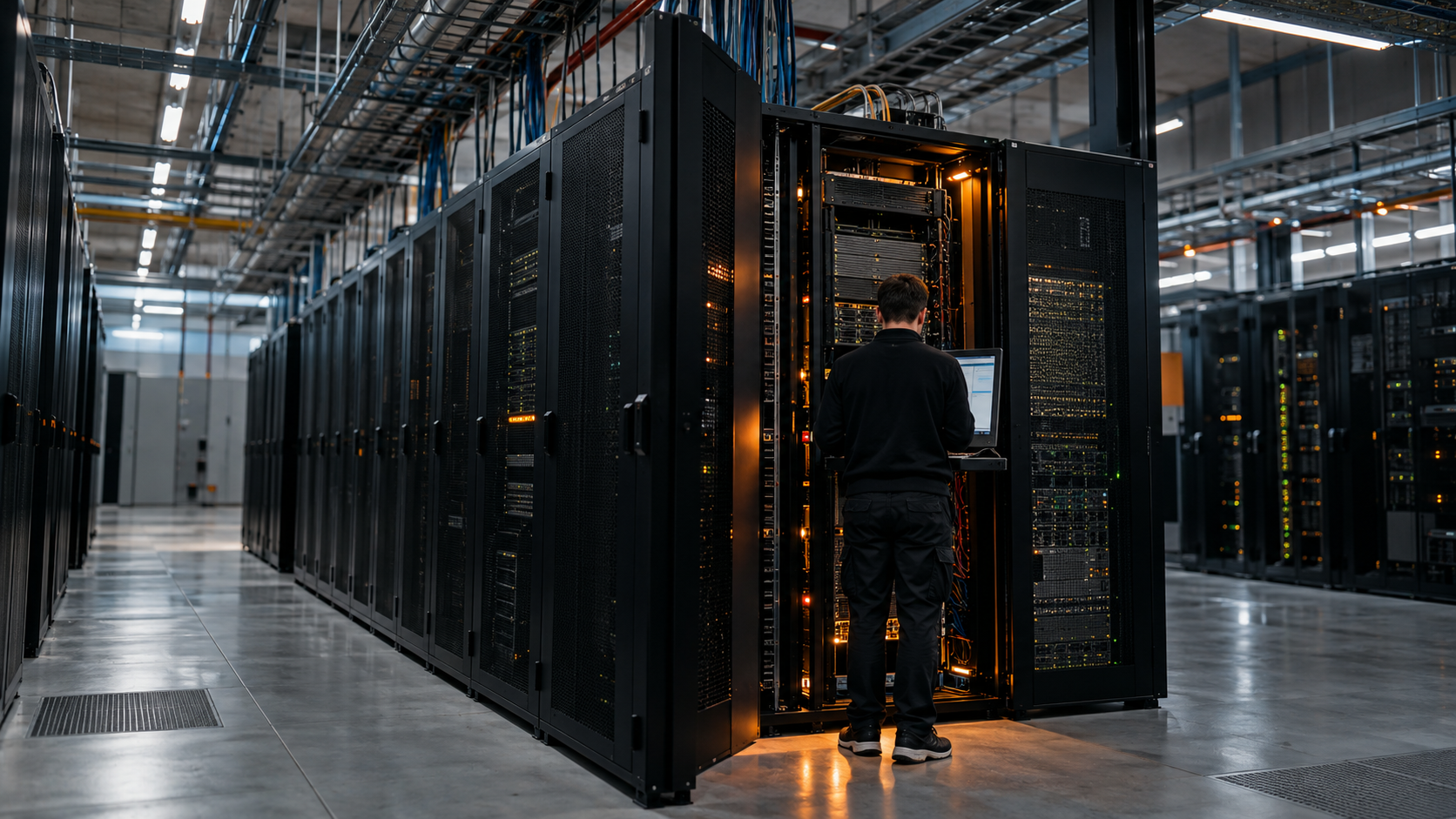 Symbolische Ansicht eines Rechenzentrums mit einer Fachperson an einem Serverrack; keine konkrete Anlage.