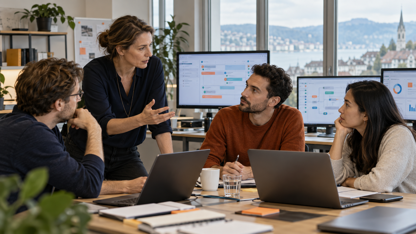 Vier Personen besprechen an einem Tisch Arbeitsprozesse, während Bildschirme agentisch aufbereitete Übersichten zeigen.