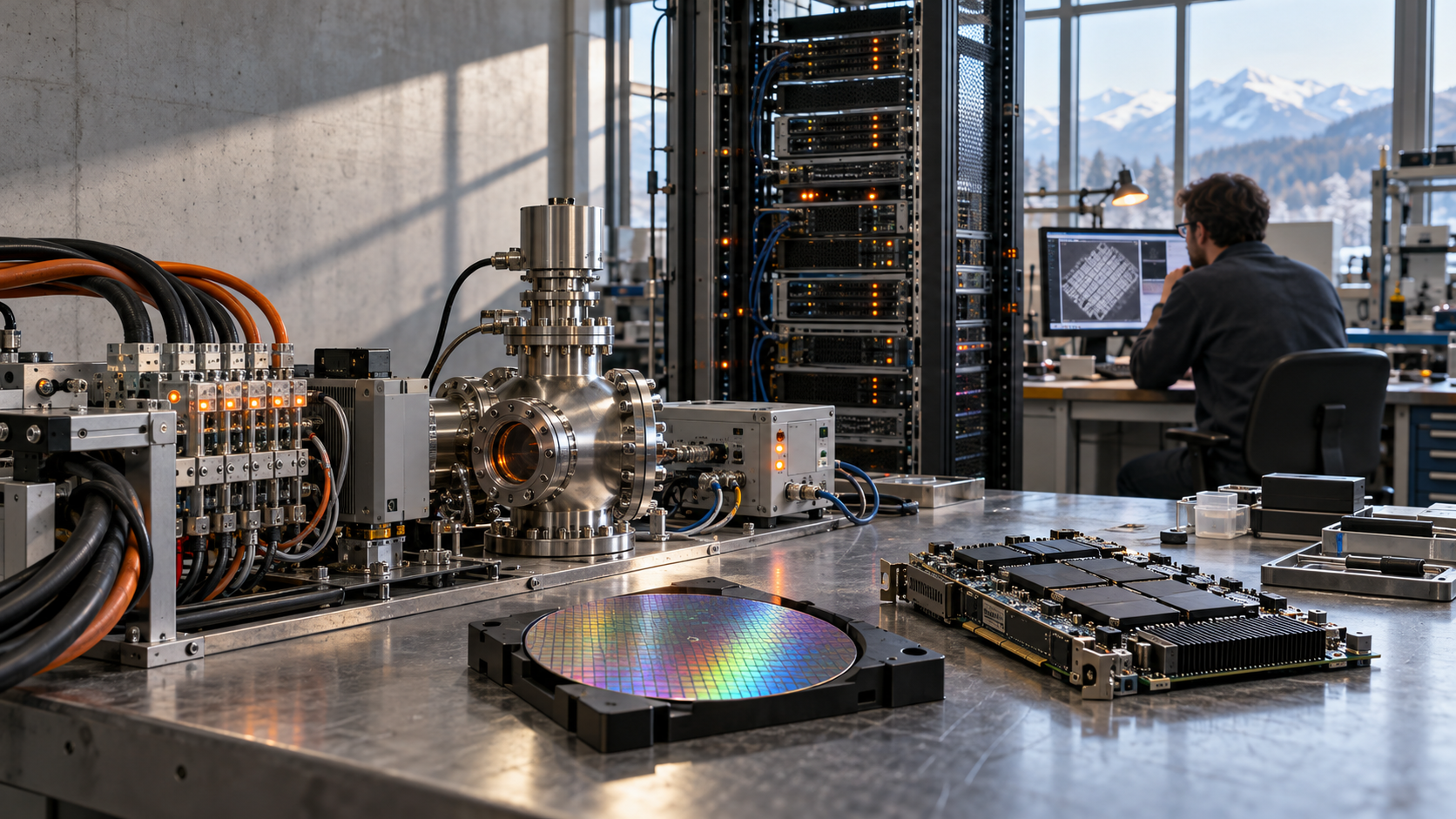 Symbolische, fotorealistische Werkstattszene mit Stromtechnik, Vakuumkomponente, Wafer, Rechner und Anwendung.
