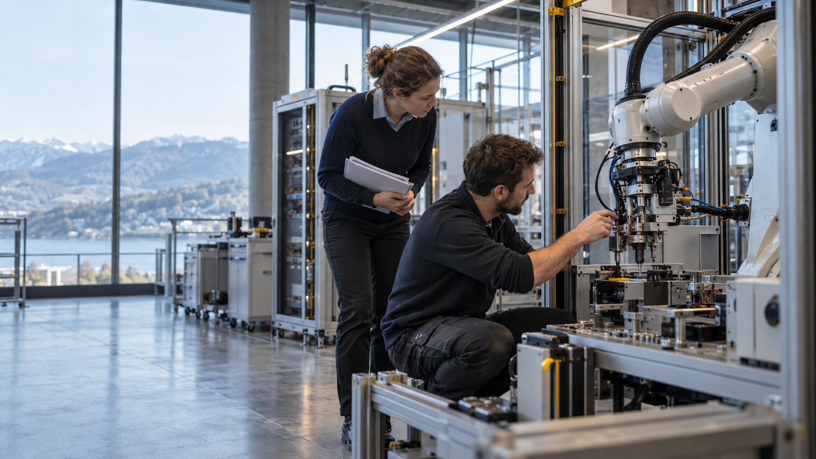 Ingenieur und Kollegin prüfen eine Robotikanwendung im Schweizer Labor