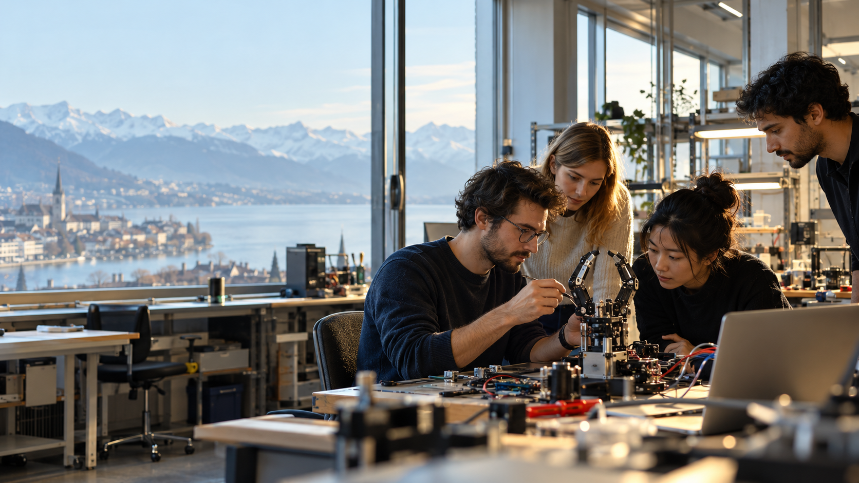 Forschungsteam arbeitet an einer Robotikanwendung in einer Schweizer Werkstatt
